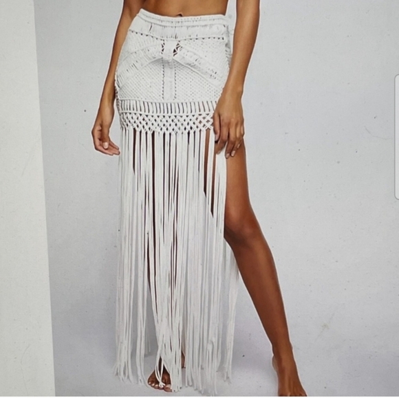 Flook the Label Free People White Crochet Macrame Fringe Mini Maxi Skirt Size M. - Picture 3 of 15